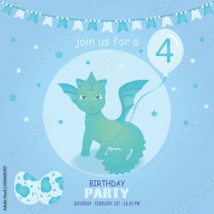 Cute baby boy dragon and dinosaur character, birthday invitation. 4 year. Vector illustration, eps 10