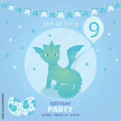 Cute baby boy dragon and dinosaur character, birthday invitation. 9 year. Vector illustration, eps 10