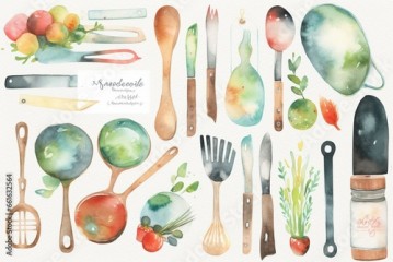 Watercolor cooking clipart featuring utensils. Generative AI