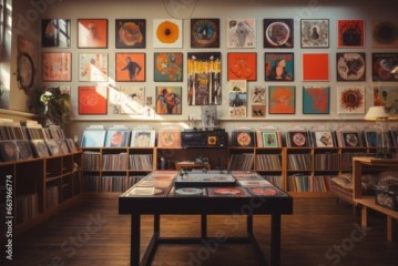Vintage record store interior with vinyl collections and retro decor.