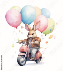 Cartoon rabbit on a scooter and balloons in 3d style. Isolated vector illustration