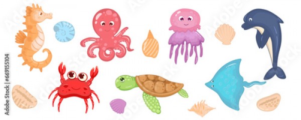 Sea animals cute set isolated on white background. Vector illustration of octopus, stingray, jellyfish, crab, dolphin, seahorse, turtle, seashells. Cartoon style for children. Marine life, sea world.