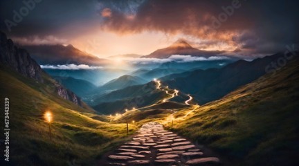 Road made of stones on a green grass meadow creating a path, leading to far mountains and valleys, glowing lamps all along the path, path to success concept