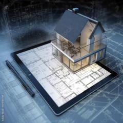 A Real Estate Concept in Building Design on Computer Tablet Blueprint for Engineering Construction Project Design Plan Blueprint Building Structure Development Construction Site