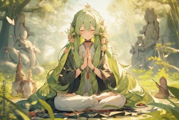 beautiful buddhist nun with green hairs, anime style, illustration