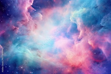 A vibrant tapestry of the cosmos unfolds in hues of blue, pink, and purple, showcasing the dynamic beauty of nebulae, stars, and interstellar clouds in a celestial spectacle.