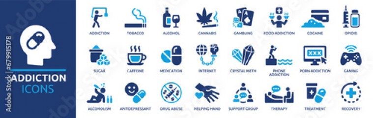 Addiction icon set. Containing tobacco, alcohol, cannabis, gambling, cocaine, drug and more. Vector solid icons collection.