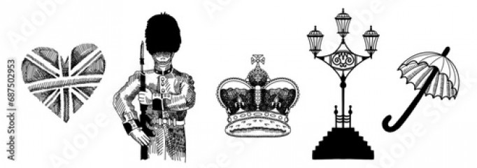 Doodle Great English London symbols - english crown, guard, umbrella vector illustration