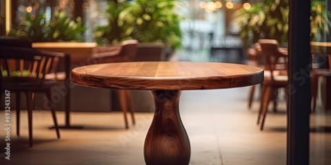 Luxurious cafe with warm-style round table made of mahogany wood. Bokeh background and space for product display.