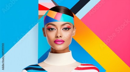 Beauty woman bright makeup, style of bold colorism, geometric shapes in bright fashion pop art design