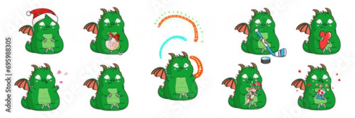 Set of vector illustrations of cartoon green dragon, Santa dinosaur, hockey player dragon, dragon in love, rainbow. 9 isolated characters.