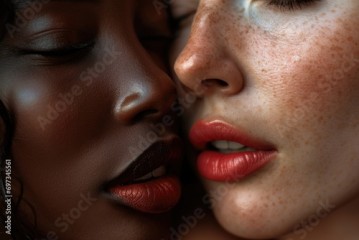 The power of a kiss, sexy beautiful multiracial lesbian couple lips closeup kissing seductive black and redhead ginger woman, erotic, glamour, sensual, lgbt, kiss concept