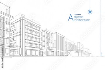 3D illustration, abstract modern urban landscape line drawing, imaginative architecture building construction perspective design.