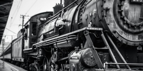 A classic black and white photo of a train. Perfect for vintage or transportation-themed designs