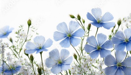 Niebieskie kwiaty Lnu zwyczajnego na białym tle. Letnia łąka. Generative AI