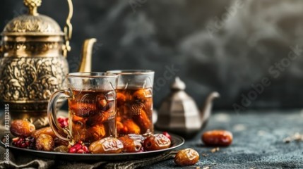 Ramadan food and drinks concept. Ramadan tea and dates fruits on dark background.