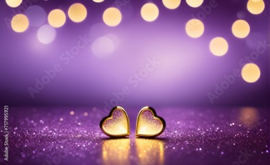 Two small gold heart on a sparkling soft purple background, Valentine's Day, Christmas. Generative AI