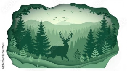 Paper Cut Forest Landscape, Embracing Wildlife with a Beautiful Deer Silhouette - Save Nature and Promote Ecology in Artistic Style