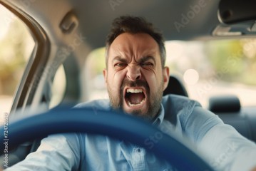 Furious Latin man. Emotional man feeling extremely furious while driving near crazy dangerous driver