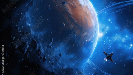 Space ship flying across infinite universe in dark blue colors near huge planet Mars. Universe fantasy astronomy space background wallpaper. High quality illustration