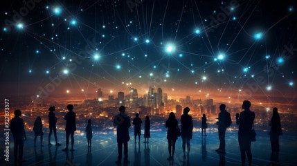 Ludzie wpatrzeni w świetlistą sieć przyszłego miasta
