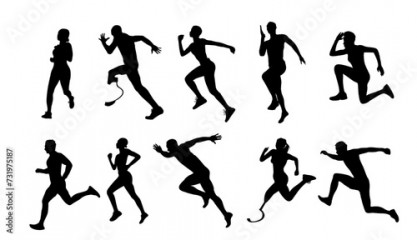Silhouettes of Male and female athletes running. Healthy active lifestyle. Maraphon, Sprint, jogging, warming up. Sport, fitness design, black vector illustrations isolated on white background.