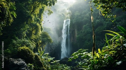 Birds Soaring Above Sun-Kissed Waterfall in Lush Green Forest with Moss-Covered Rocks