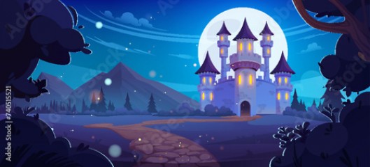 Road leading to fairytale medieval castle with stone walls, high towers, windows and gate doors at night. Cartoon dusk landscape with royal palace standing near mountain foot under full moon light.