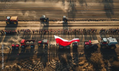 Protest rolników, traktory rolnicy ludzie transparenty flagi