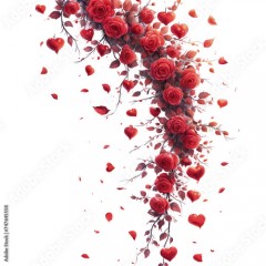 Wiele czerwonych róż zwisających z gałązki drzewa. Kwiaty wydają się być w pełni rozkwitnięte, tworząc piękny i kolorowy widok