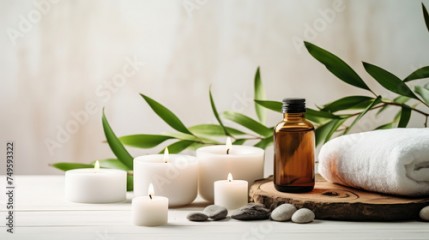 beauty treatment items for spa procedures on white wooden table. massage stones, essential oils and sea salt. copy space salon