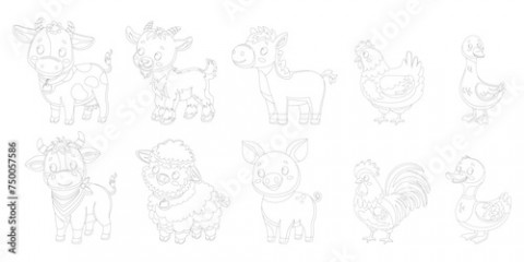 Coloring book of cute funny farm animals isolated on white background. Collection of happy little animals. Flat vector illustration. Goat, bull, cow, duck, goose, hen, horse, pig, rooster, sheep. 