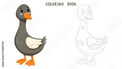 Coloring page of cute funny goose, happy little gosling. Coloring book of cute farm animal isolated on white background. Flat vector illustration.