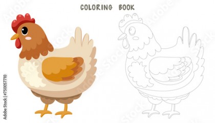 Coloring page of cute funny hen, happy little chicken. Coloring book of cute farm animal isolated on white background. Flat vector illustration.
