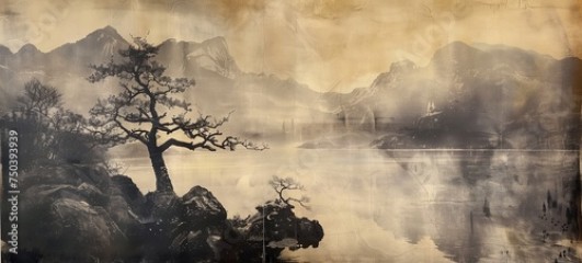 Vintage landscape panorama. A serene illustration of an Asian mountain scene with trees and lake reflections, created in a monochromatic sepia tone