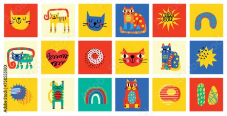 Abstract Graphic Elements set in Minimal Trendy Style. Hand drawn doodle cats, spots, drops, curves, lines for creating patterns, Invitations, posters, cards, social media posts