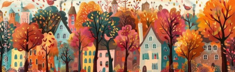 painting of autumn forest with cities Generative AI