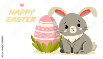 Bunny sitting next to painted Easter egg. Happy Easter Celebration.Traditional design element for Christian holiday. Vector illustration isolated on white background for banner, card, website, poster