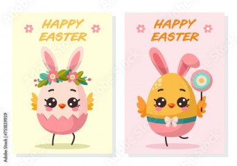 Set of cards with cute characters Easter eggs. Happy Easter Celebration.Traditional design element for holiday. Vector illustration isolated on white background for banner, card, website, poster.