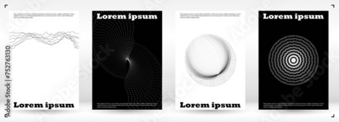 Set of Minimal Vector Brochure Design with Circles and Wave Lines. Abstract Background with Optical Illusion. Good for Brand Identity or Music Fest Invitation. Digital Cover Style.