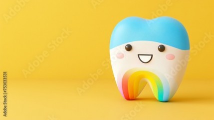 Adorable 3d cartoon tooth character on pastel background with copy space for text