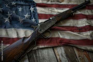 A photograph depicting an American flag with a rifle placed on top of it, representing patriotism and the Second Amendment.