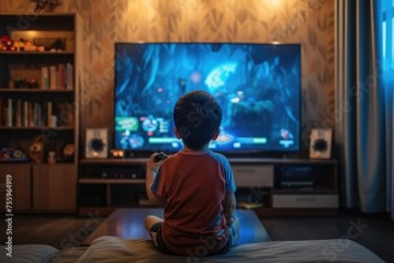 A young boy sitting on a couch in front of a television screen.