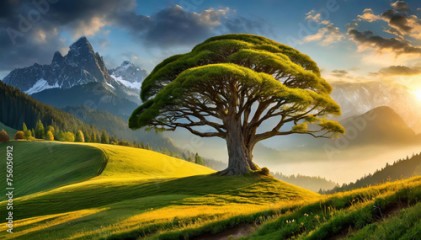 Samotne drzewo, zielony krajobraz
