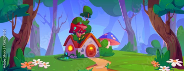 Tiny fantasy house with mushrooms on roof in forest. path leads to fairy elf or animal home in woodland in summer. Cartoon vector day landscape with trees and bushes, green grass and daisy flowers.