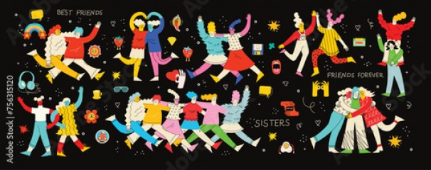 Happy women or girls together and holding hands. Group of female friends, union of feminists, sisterhood. Flat cartoon characters isolated on the background. Colorful vector illustration.
