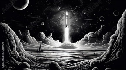 Rocket launch scene in retro black and white style. Rocket take off illustration.