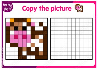 Copy the image and add the grid image. Study sheets showing squares. Preschool coloring pages, children's games. Pixel cartoon, vector illustration. cow. animal