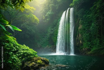 Beautiful waterfall in green jungle oasis