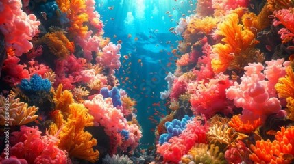 Colorful underwater coral landscape. Vibrant coral reef in ocean waters. Art. Concept of marine life, underwater biodiversity, tropical ecosystem, and natural aquarium. DMT art style illustration